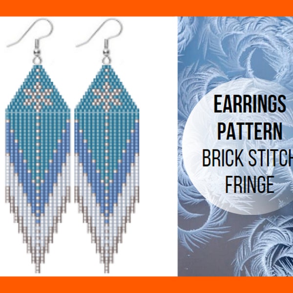 Winter snowflake blue brick stitch fringe earring pattern, Seed bead earring pattern, Xmas Christmas earring pattern, digital