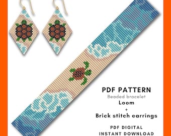 Sea Turtle Loom Bracelet and brick stitch earring pattern, Miyuki Delica Seed Bead Set of 2 PDF Digital 041