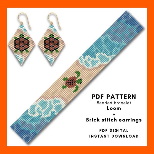 Sea Turtle Loom Bracelet and brick stitch earring pattern, Miyuki Delica Seed Bead Set of 2 PDF Digital 041