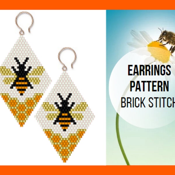 Bee brick stitch earring pattern, Honey earring pattern, Honeycomb earrings, Insect brick stitch, Delica, Rhomb seed bead earring, digital