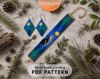 May include: A seed bead jewelry set featuring a bracelet and two diamond-shaped earrings. The bracelet displays a wolf howling at a yellow moon against a blue and green forest background. The earrings mirror this forest and moon design.