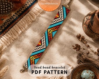 May include: A seed bead bracelet featuring a geometric chevron pattern in vibrant shades of turquoise, orange, red, and white. The bracelet is finished with bronze-toned metal end caps and a lobster claw clasp, displaying a PDF pattern design.