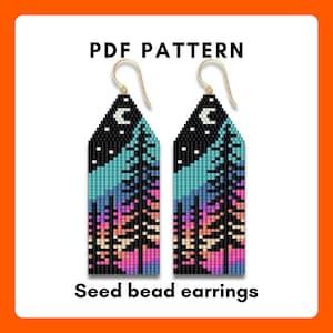 Northern lights beaded fringe earring pattern, brick stitch, Forest pine tree, Moon phase, Seed bead Delica, Starry sky, PDF digital 458