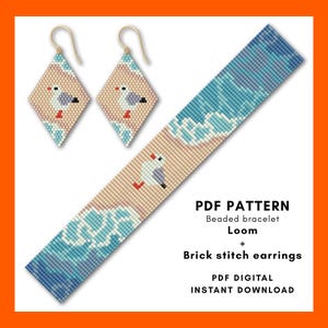 Loom beading bracelet and brick stitch earring patterns Ocean waves sandy shore Beach seagull bird Miyuki Delica seed bead PDF digital 045