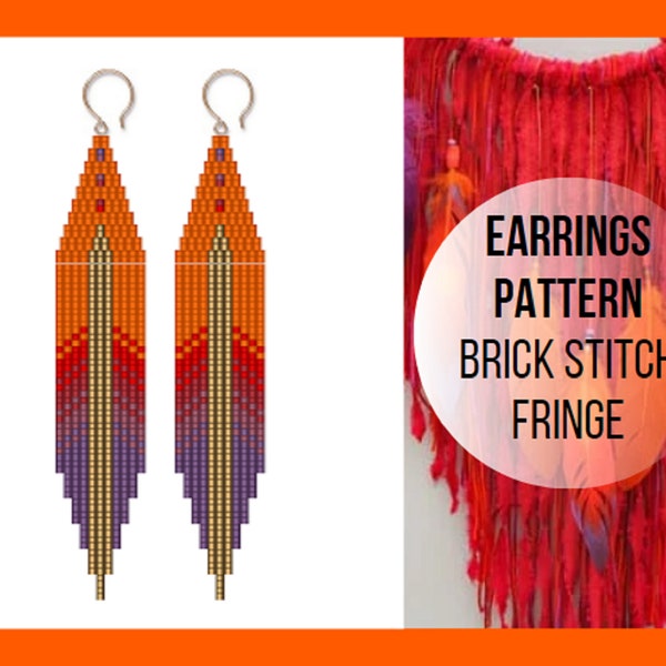 Boho native feather brick stitch fringe earring pattern, Seed bead Indian inspired, Non native american Navajo indigenous free spirit, PDF