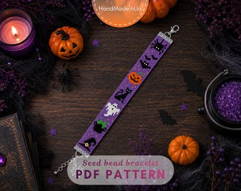 May include: A purple seed bead bracelet featuring a repeating Halloween-themed pattern of a spider, bat, pumpkin, black cat, ghost, cauldron, and witch hat. The bracelet includes a silver-toned metal lobster clasp and an adjustable chain extension.