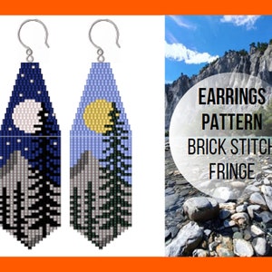 Mountain moon brick stitch fringe earring pattern, Moonlight tree, Seed bead pattern, Day night landscape, Miyuki Delica, Beadwork, digital