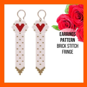 Heart brick stitch earrings pattern, Valentine beaded earring pattern, Seed bead fringe, Valentine love, Beadwork, Bead weaving, pdf digital