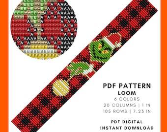 Grinch stealing the Christmas ball loom beaded bracelet pattern Buffalo plaid Miyuki Delica seed bead Bookmark DIY winter PDF digital 044