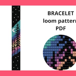 May include: A colourful loom bracelet pattern featuring a night sky with stars, a crescent moon, and a row of trees. The pattern is for a bracelet and is available as a PDF download. The text "BRACELET loom pattern PDF" is displayed on the image.