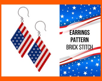 USA flag brick stitch earring pattern, Seed bead pattern, 4th July, Independence day, Labor day, Memorial day, Beadwork, PDF digital, 369