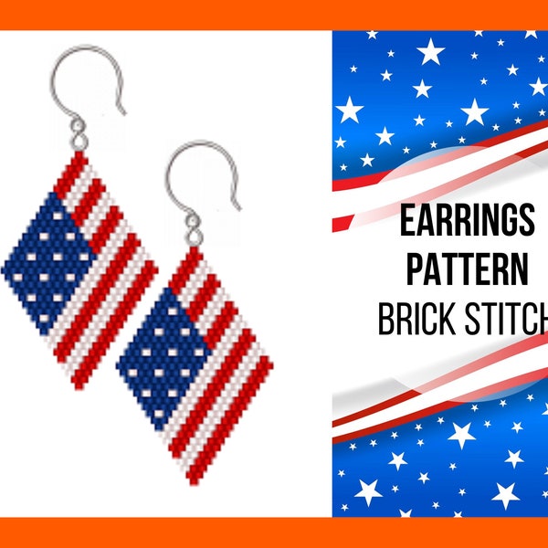 USA flag brick stitch earring pattern, Seed bead pattern, 4th July, Independence day, Labor day, Memorial day, Beadwork, PDF digital, 369