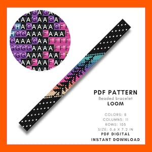 Puede incluir: Un patrón PDF digital para un telar de pulsera de cuentas. El diseño presenta un fondo negro con un patrón geométrico colorido en tonos turquesa, rosa y beige. La pulsera mide 1,5 x 18,3 cm. El texto dice "PDF PATTERN Beaded bracelet LOOM".
