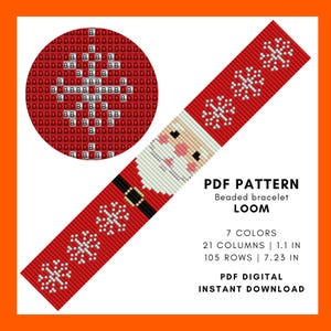 May include: A red and white beaded bracelet loom pattern featuring Santa Claus and snowflakes. The pattern includes 7 colors, 21 columns, and measures 1.1 inches wide and 7.23 inches long. PDF digital instant download.