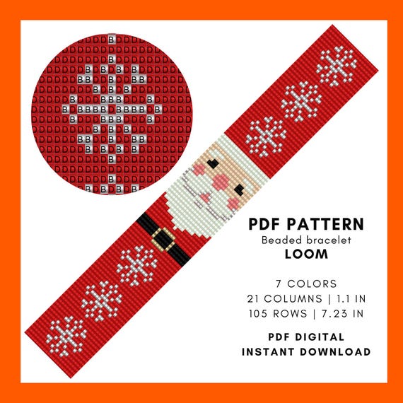 Santa snowflake Beaded loom bracelet pattern, Red wrist cuff, Christmas Xmas, Miyuki Delica seed bead, pdf digital 035