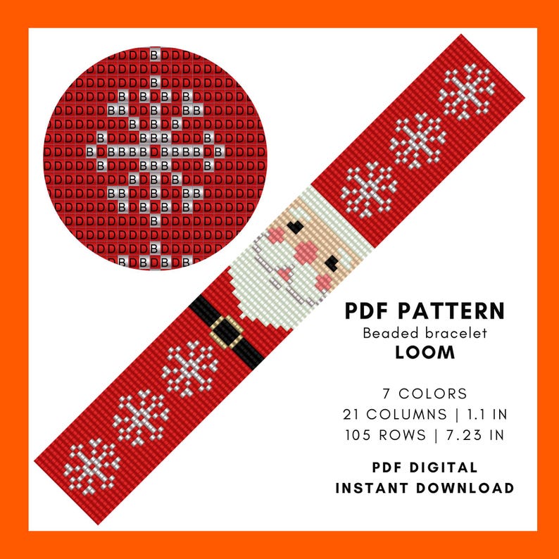 May include: A red and white beaded bracelet loom pattern featuring Santa Claus and snowflakes. The pattern includes 7 colors, 21 columns, and measures 1.1 inches wide and 7.23 inches long. PDF digital instant download.