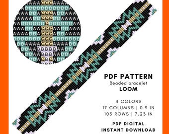 May include: A digital PDF pattern for a beaded bracelet loom. The design features a geometric pattern in black, teal, white, and gold. The pattern is 0.9 inches wide and 7.23 inches long, with 17 columns and 105 rows.