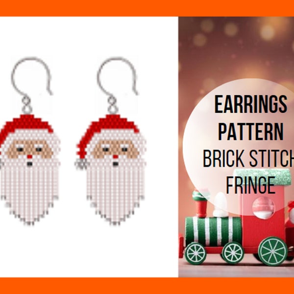 Santa Claus seed bead fringe earring pattern, Christmas earrings, Easy earring pattern, Brick stitch winter holiday, Miyuki Delica, digital