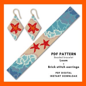 Starfish earring and bracelet pattern, Loom beading, Brick stitch, Ocean waves, Sea Summer, DIY Miyuki Delica, seed bead, PDF digital 051