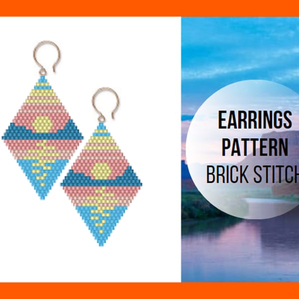 Sunset Mountain river brick stitch earring pattern, Sun nature, Seed bead rhomb,  Landscape evening, Miyuki Delica, Beadwork, digital
