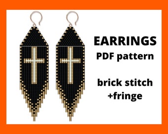 Cross earrings pattern, Brick stitch, Seed bead pattern, Fringe earrings pattern, Jewelry making, PDF digital download