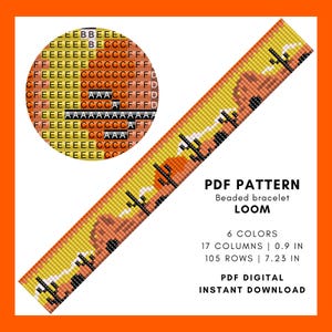 May include: A digital PDF pattern for a beaded bracelet loom. The design features a desert landscape with cacti, a setting sun, and a yellow sky. The pattern is 0.9 inches wide and 7.23 inches long, with 6 colors and 105 rows. The text reads "PDF PATTERN Beaded bracelet LOOM".