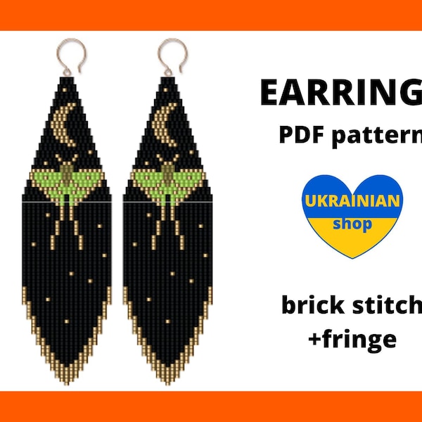 Luna Moth Crescent Moon earring pattern, Beaded earring pattern, Butterfly Insect, Brick stitch pattern, Seed bead pattern, pdf digital