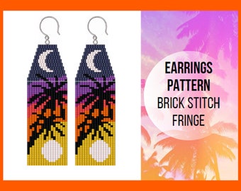 Seed bead earring pattern, Palm tree, Sun moon, Day night, Brick stitch fringe, Sunset sunrise, Miyuki Delica, Beadweaving, pdf digital, 380