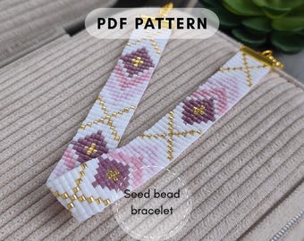 May include: Two seed bead bracelets with a floral pattern in white, pink, and purple, accented with gold beads. The bracelets are labeled "PDF PATTERN" and "Seed bead bracelet".