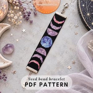 Modèle de bracelet perlé « Phases de la lune », perles de rocaille Delica, dégradé ombré, point peyote à nombre pair, tutoriel de bijoux Mooncore (PDF numérique 058)