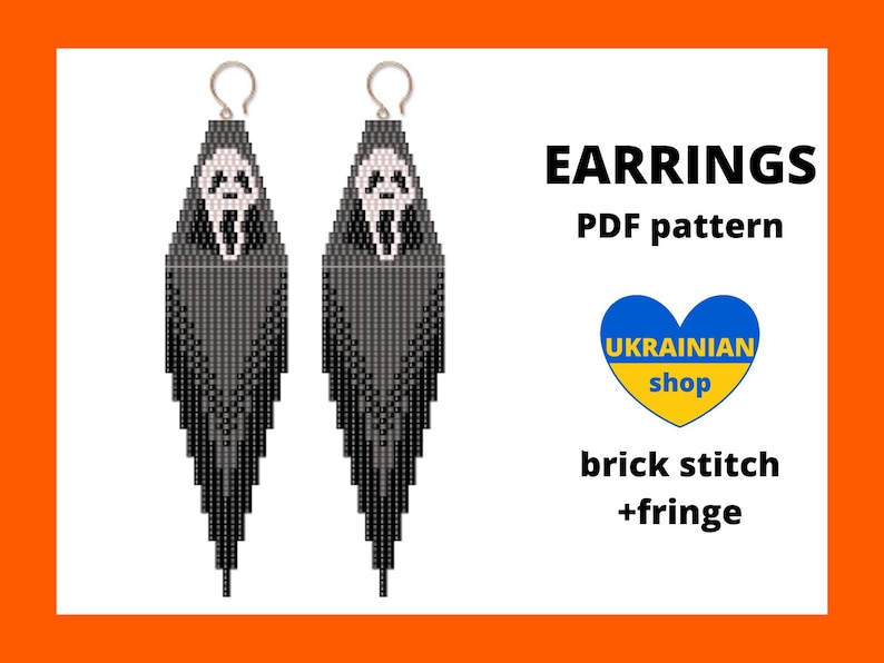 May include: A pair of black and white beaded earrings with a ghost face design. The earrings are made with brick stitch and fringe. The image includes the text "EARRINGS PDF pattern UKRAINIAN shop brick stitch +fringe".