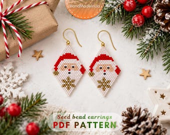 サンタイヤリングパターン、クリスマスビーズパターン、ブリックステッチPDF、ミユキデリカシードビーズパターン、ホリデージュエリーDIY 478