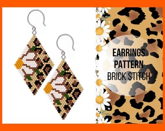 Leopard chamomile brick stitch earring pattern, Seed bead earring pattern, Animal cheetah, Camomile blossom, Daisy flower, PDF digital, 364