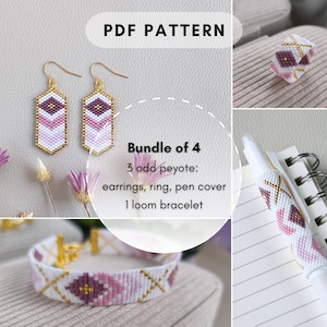 May include: A collection of beaded jewelry and accessories, including earrings, a ring, a pen cover, and a bracelet. The items feature a geometric pattern in white, purple, and gold. The image includes the text "PDF PATTERN" and "Bundle of 4".