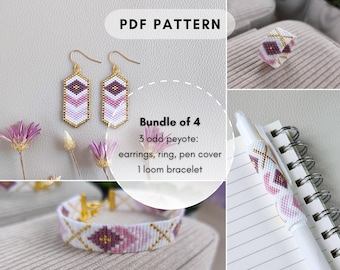 May include: A collection of beaded jewelry and accessories, including earrings, a ring, a pen cover, and a bracelet. The items feature a geometric pattern in white, purple, and gold. The image includes the text "PDF PATTERN" and "Bundle of 4".