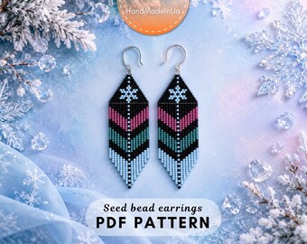 Snowflake Beaded Earrings Pattern, Miyuki Delica Brick Stitch with fringes, Winter Jewelry, PDF digital 109