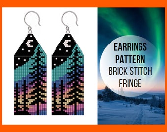 Aurora Borealis North Pole Seed bead fringe earring pattern, Northern light, brick stitch, Moonshine starry night, Landscape nature, digital