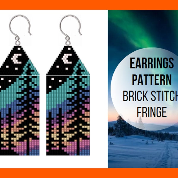 Aurora Borealis North Pole Seed bead fringe earring pattern, Northern light, brick stitch, Moonshine starry night, Landscape nature, digital