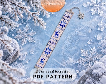 Winter Bead Bracelet Pattern, Blue White Nordic Bracelet, Loom Beading Pattern, Seed Bead Cuff Scandinavian Snowflake Design PDF Pattern 044