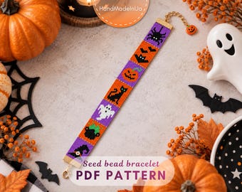 May include: A flat seed bead bracelet featuring a repeating Halloween-themed pattern of a spider, bats, pumpkin, black cat, ghost, cauldron, and witch hat in orange and purple squares. It includes a gold-tone metal clasp and a small pumpkin charm.