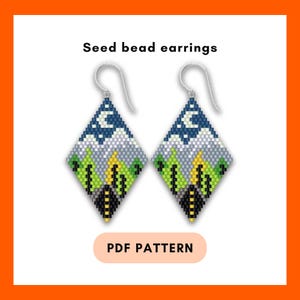 Moon mountain forest brick stitch earring pattern, Moonlight, Road trip, Night sky, Seed bead jewelry DIY, PDF digital 461