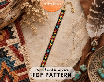 May include: A seed bead bracelet featuring a geometric pattern in black, red, yellow, and blue. The bracelet includes a gold-toned metal clasp with a small sun charm at the end. The text "Seed bead bracelet PDF PATTERN" is visible at the bottom.