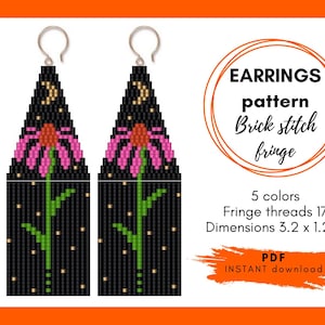 May include: A pair of beaded earrings with a pink flower design and a black background. The earrings are 3.2 inches tall and 1.2 inches wide. The pattern is brick stitch with fringe. The pattern includes 5 colors and 17 fringe threads. EARRINGS pattern Brick stitch fringe 5 colors Fringe threads 17 Dimensions 3.2 x 1.2 in PDF INSTANT download