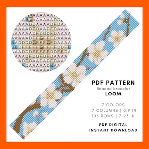 May include: A digital PDF pattern for a beaded bracelet loom. The design features a floral pattern with white flowers, brown branches, and a light blue background. The pattern is 0.9 inches wide and 7.23 inches long.