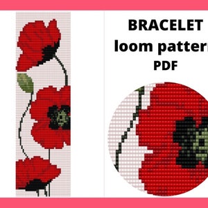 Red flower Bead loom patterns, Seed bead pattern, pdf instant download, Loom beaded bracelet, Red flower bracelet pattern