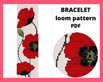 Red flower Bead loom patterns, Seed bead pattern, pdf instant download, Loom beaded bracelet, Red flower bracelet pattern