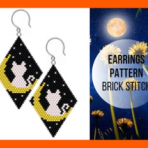 Lunar cat new moon crescent brick stitch earring pattern, Mom cat lover brick stitch, Seed bead pattern, Delica rhombus earring, digital
