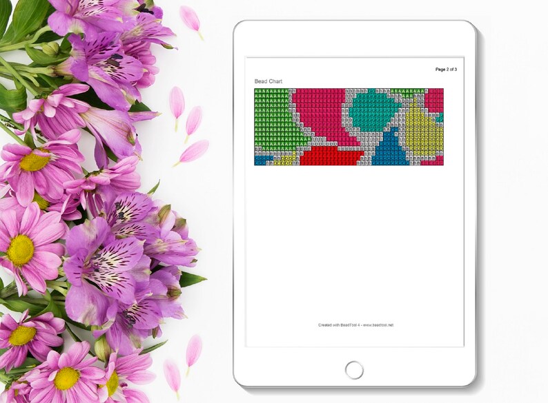 May include: A digital bead chart with a colorful abstract design. The chart is on a tablet screen and shows a pattern of red, green, blue, yellow, and pink beads. The text "Bead Chart" is at the top of the chart. The text "Page 1 of 2" is at the top right corner of the chart. The text "Created with BeadTool 4 - www.beadtool.net" is at the bottom of the chart.