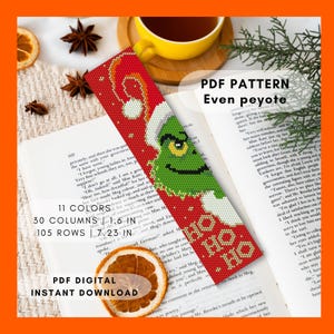 Christmas Grinch beaded bracelet pattern, Even peyote Wide wrist cuff Miyuki Delica seed bead Bookmark DIY winter project PDF digital 043