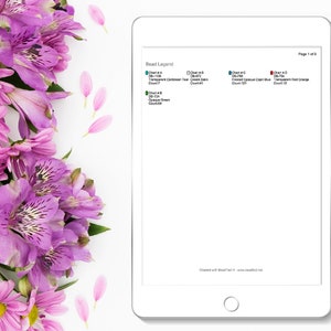 May include: A white tablet screen displaying a Bead Legend with color-coded squares and text describing the bead types and counts. The text includes "Clear A", "Transparent Caribbean Teal", "Clear B", "Cream Satin", "Clear C", "Amethyst Opalescent Deep Blue", "Clear D", "Transparent Flint Orange", "Clear E", "Ocean Green", "Count 1108", "Count 41", "Count 121", "Count 12", "Count 7", "Count 12", "Created with BeadTool 1. www.beadtool.net".